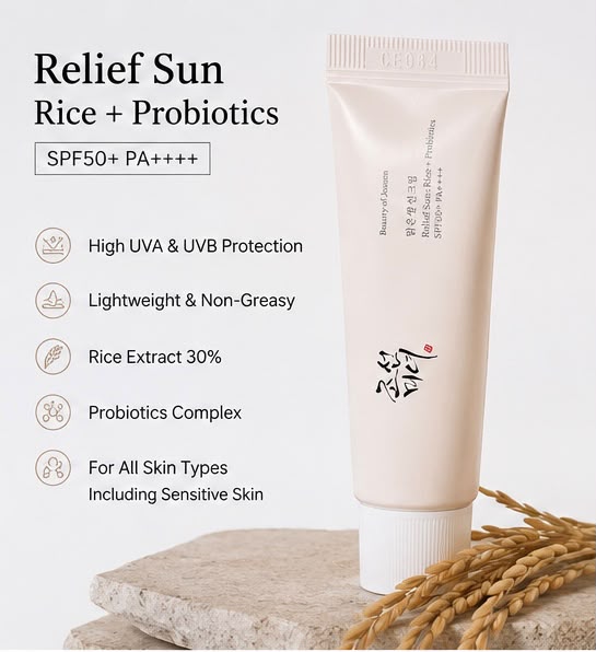 Relief Sun: Rice + Niacinamide 50ml | SPF 50
واقي الشمس ريليف صن بالأرز والنياسيناميد – 50 مل | SPF 50